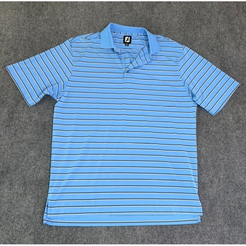 FootJoy Men's Blue White Striped Polo Shirt Short Sleeve Polyester Spandex Large